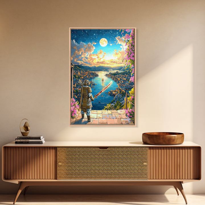 Moonlit Samurai Over Coastal Harbor Wall Art, Japanese Fantasy Landscape, Cherry Blossom Decor, Samurai Canvas, Gift For Him