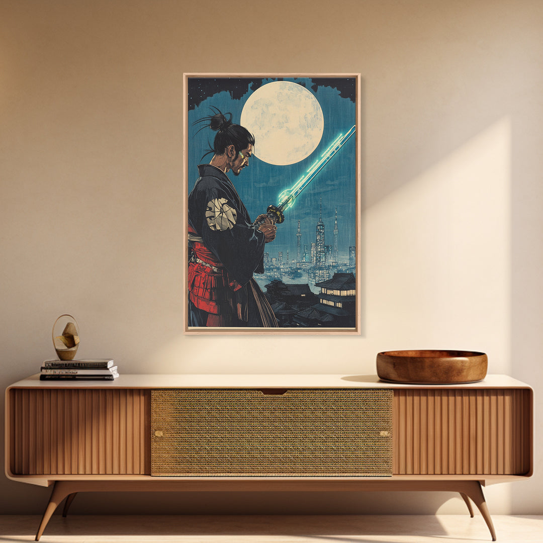 Cyber Samurai Under Full Moon Wall Art, Japanese Warrior Print, Sci Fi Cityscape, Neon Sword Decor, Masculine Office Art
