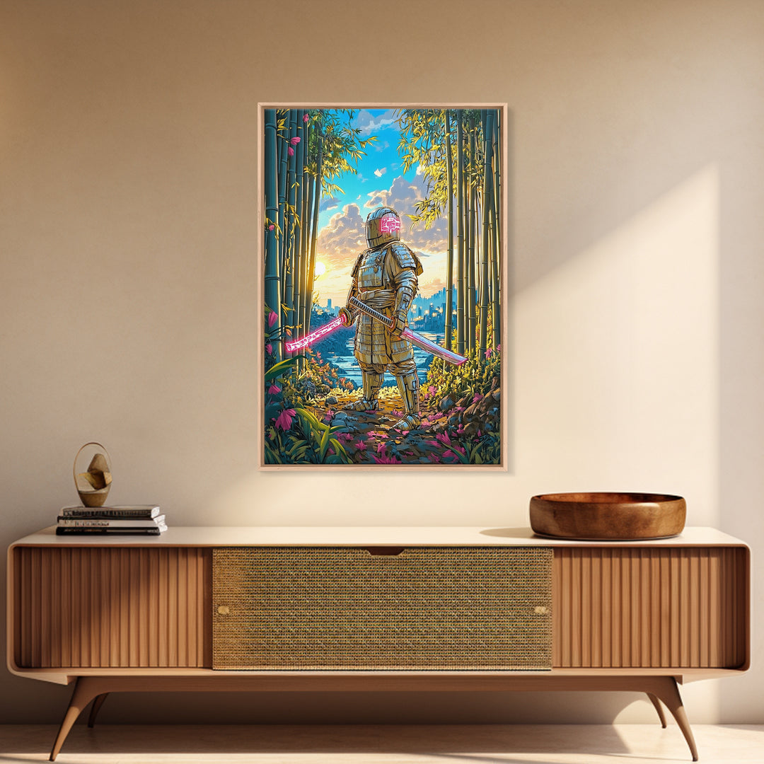 Armored Samurai In Bamboo Forest Canvas Print, Japanese Wall Art, Neon Sword Landscape, Sci Fi Warrior Decor, Gift For Him