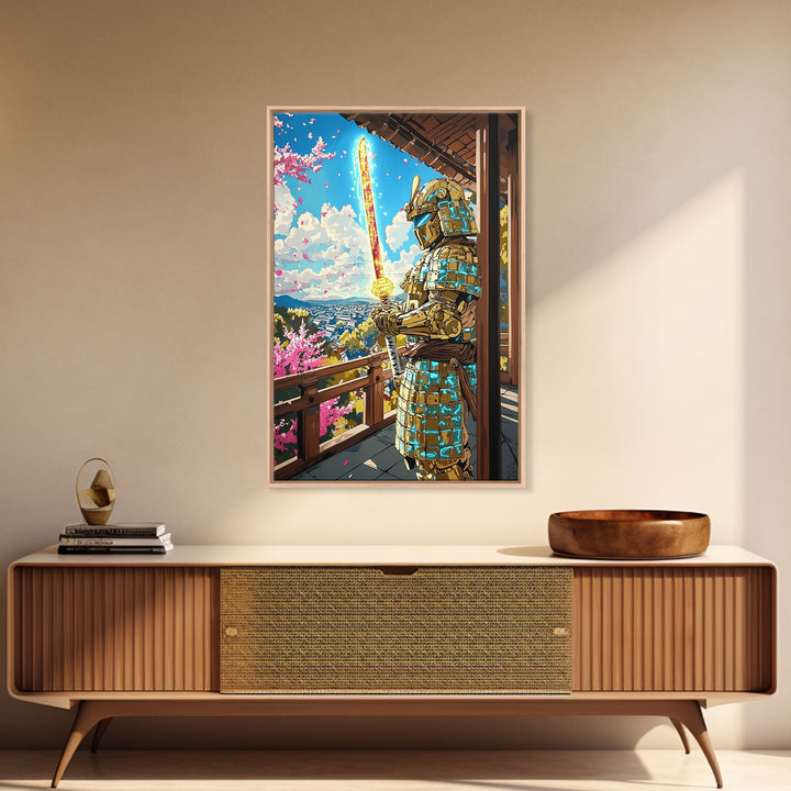 Golden Samurai On Cherry Blossom Balcony Wall Art, Japanese Seascape Print, Fantasy Warrior Wall Decor, Unique Gift For Him