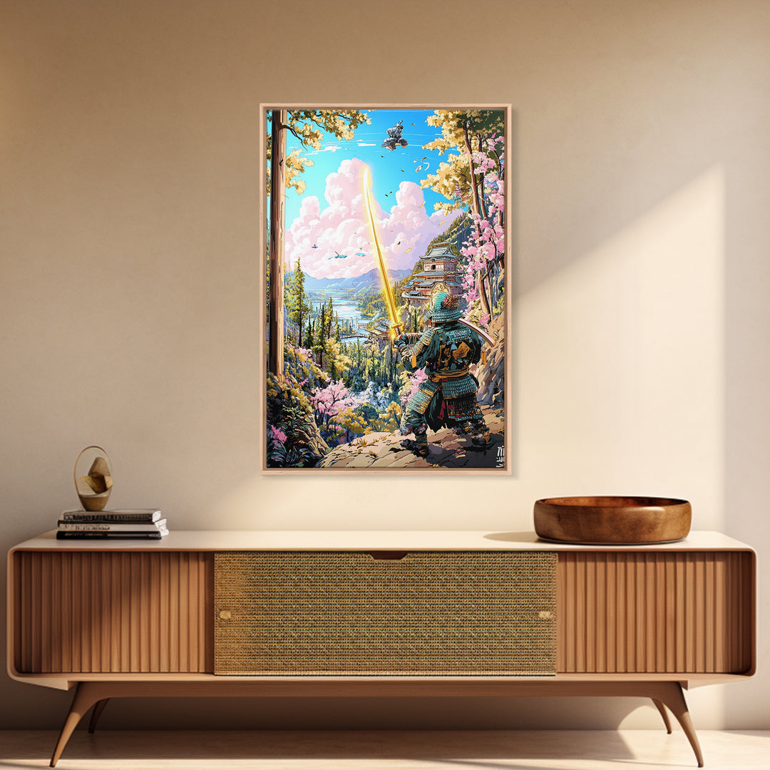 Samurai With Golden Sword Above Mountain Castle Wall Art, Japanese Landscape Print, Cherry Blossom Decor, Fantasy Wall Decor