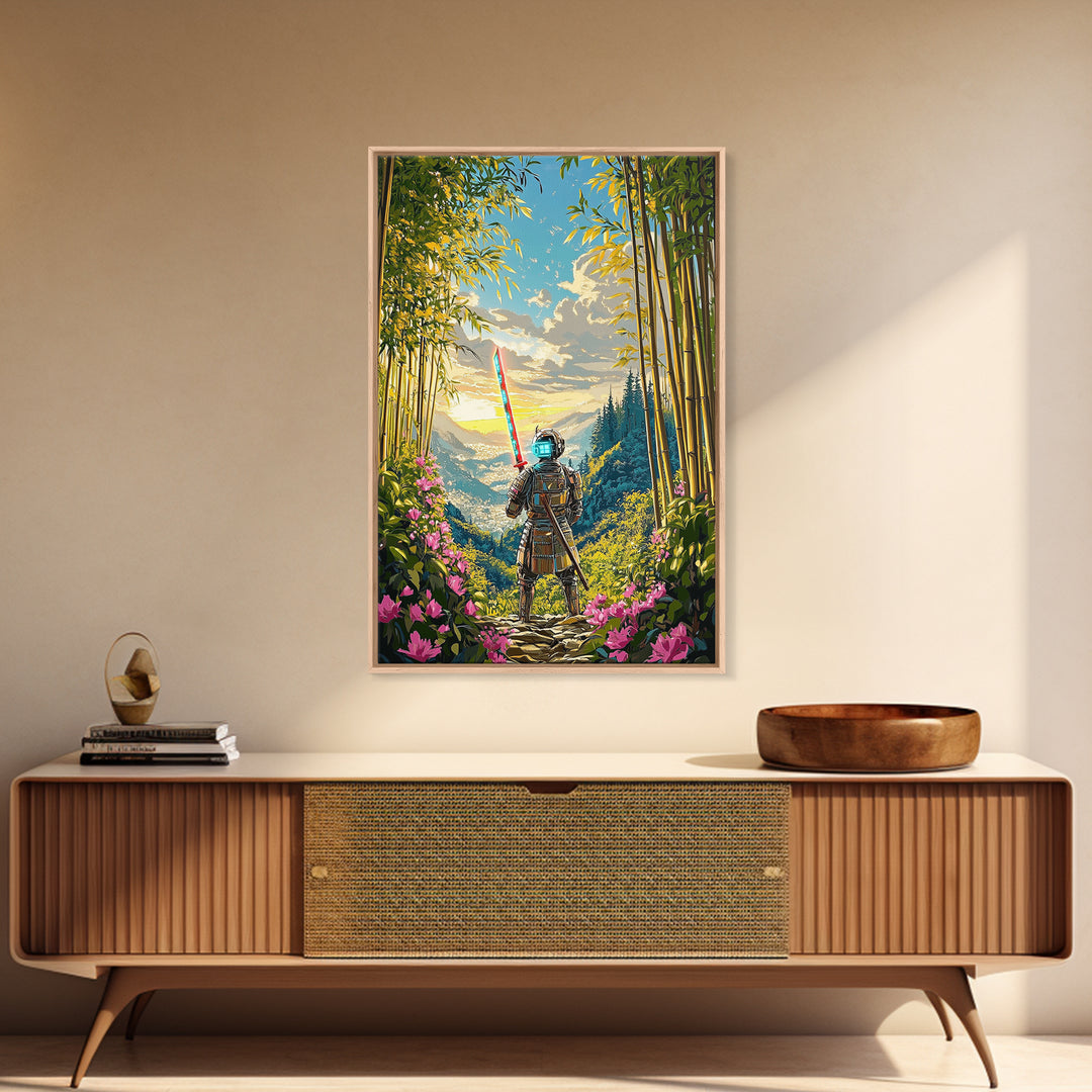 Neon Samurai In Bamboo Mountain Valley Canvas Print, Japanese Wall Art, Sunrise Landscape, Fantasy Home Decor, Gift For Him