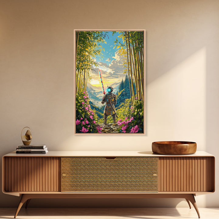 Neon Samurai In Bamboo Mountain Valley Canvas Print, Japanese Wall Art, Sunrise Landscape, Fantasy Home Decor, Gift For Him