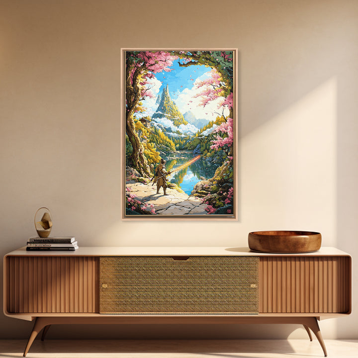 Wandering Samurai By Lake And Mountain Castle Wall Art, Japanese Fantasy Landscape, Cherry Blossom Print, Scenic Home Decor