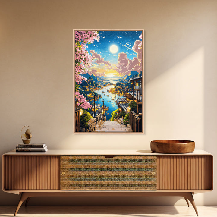 Moonlit Harbor Steps With Cherry Blossoms Wall Art, Japanese Coastal Landscape, Fantasy Seascape Print, Living Room Decor