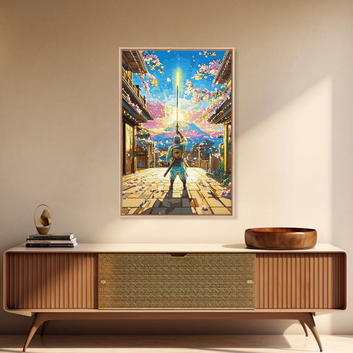 Samurai Raising Neon Sword In Cherry Blossom Village Canvas Print, Japanese Wall Art, Mount Fuji Decor, Fantasy Gift For Him