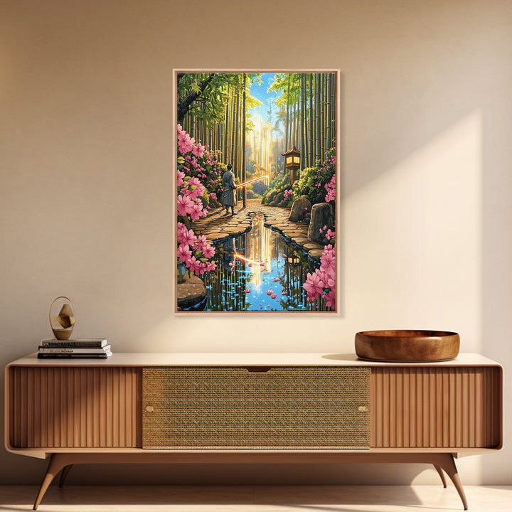 Samurai In Bamboo Garden With Cherry Blossoms Wall Art, Japanese Fantasy Canvas, Zen Landscape, Living Room Decor, Home Decor Gift