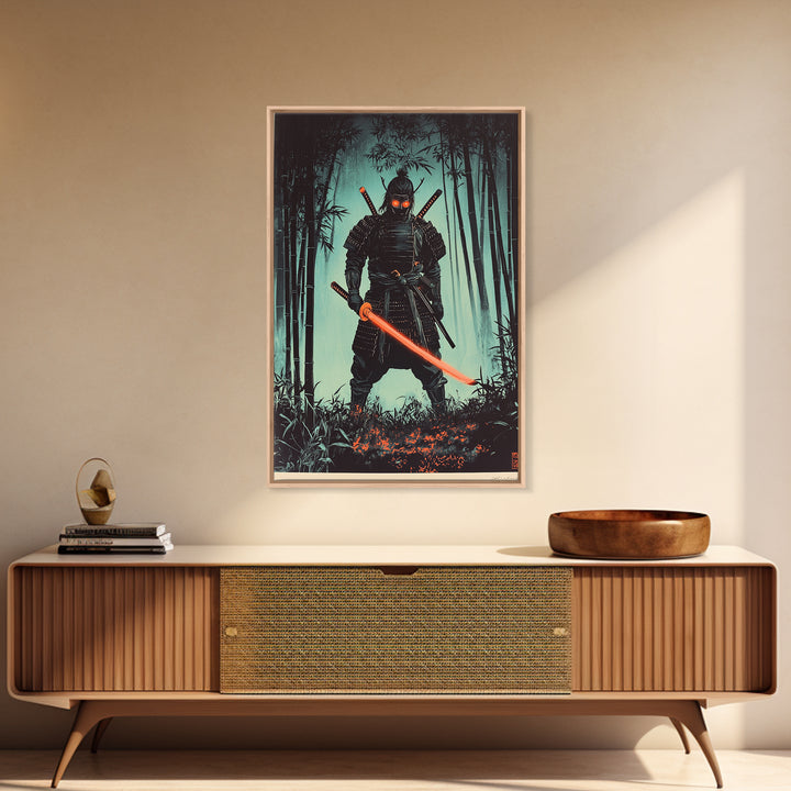 Dark Samurai In Bamboo Forest Framed Canvas Print, Japanese Warrior Wall Decor, Cyberpunk Fantasy Art, Gift For Him, Moody Office Decor