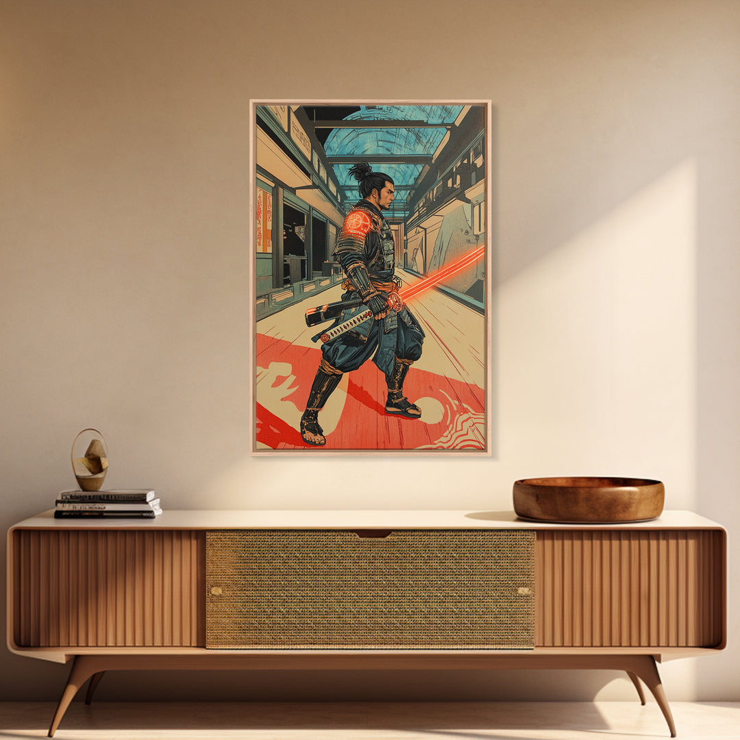 Futuristic Samurai In Subway Station Canvas Print, Japanese Cyberpunk Warrior, Sci Fi Wall Art, Gaming Room Decor Gift Idea