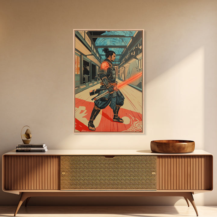 Futuristic Samurai In Subway Station Canvas Print, Japanese Cyberpunk Warrior, Sci Fi Wall Art, Gaming Room Decor Gift Idea