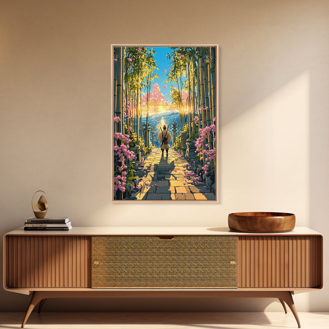 Lone Samurai On Bamboo Path At Sunrise Wall Art, Japanese Landscape Canvas, Cherry Blossom Decor, Zen Living Room Art, Housewarming Gift