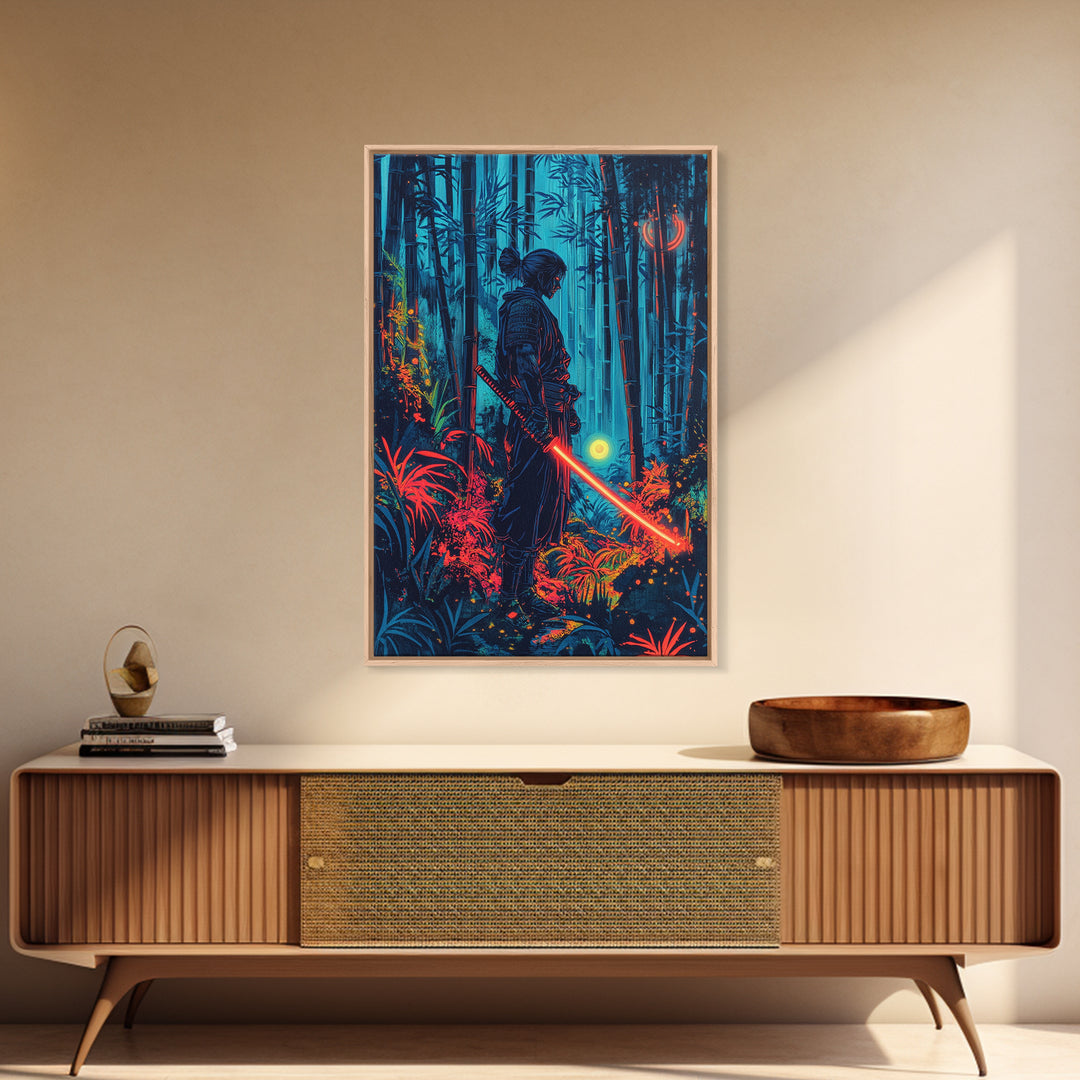 Neon Samurai In Blue Bamboo Forest Canvas Print, Cyberpunk Japanese Wall Art, Dark Fantasy Decor, Gaming Room Gift For Him