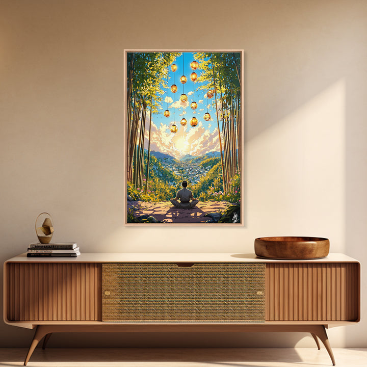Meditating Figure In Bamboo Valley With Lanterns Wall Art, Zen Landscape Canvas, Japandi Decor, Calm Meditation Room Art