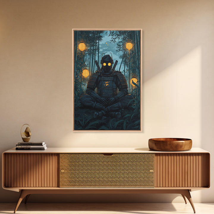 Masked Samurai Meditating In Bamboo Forest Framed Canvas Print, Dark Japanese Wall Art, Zen Warrior Decor, Gift For Him, Man Cave