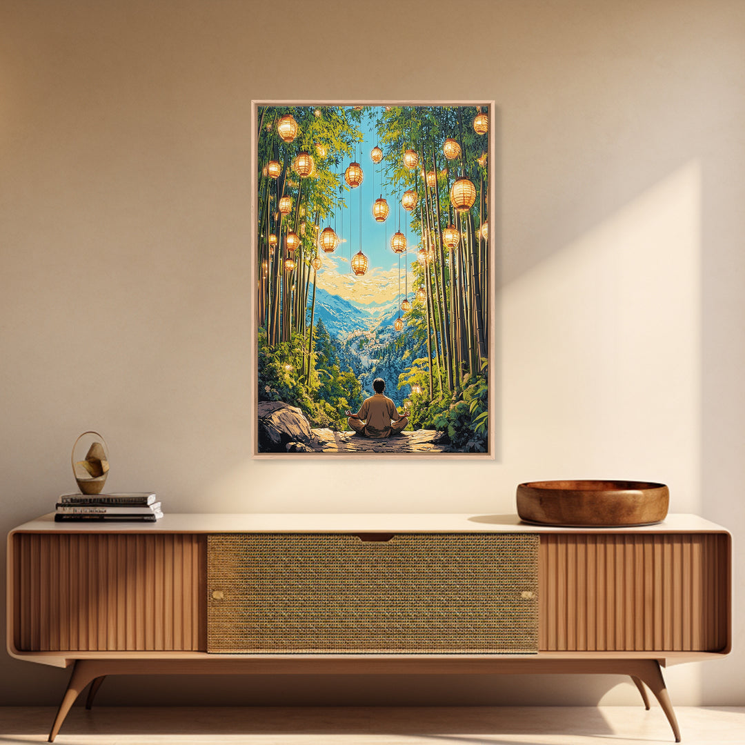 Lantern Lit Bamboo Meditation Mountain Wall Art, Japanese Zen Decor, Spiritual Nature Print, Calming Office Living Room Decor