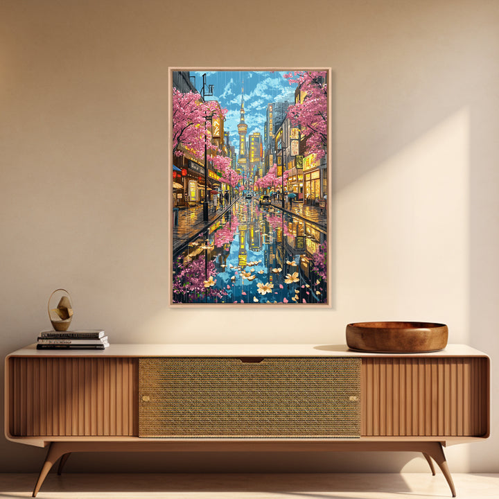 Rainy Tokyo Cherry Blossom Street Wall Art, Japanese Cityscape Print, Neon Urban Travel Poster, Modern Living Room Decor