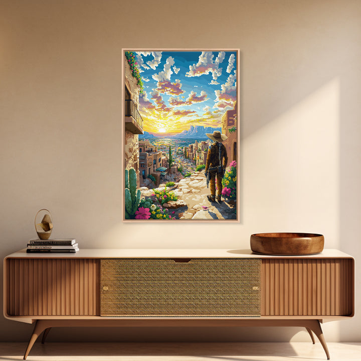 Sunset Adobe Desert Town Cowboy Wall Art, Southwestern Landscape Print, Western Home Decor, Colorful Travel Poster, Housewarming Gift