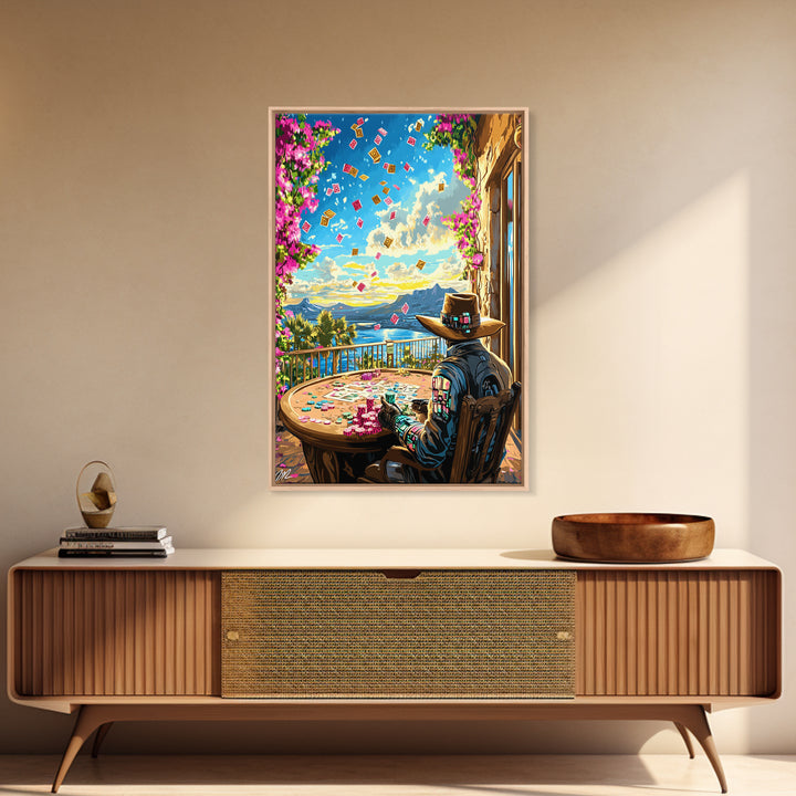 Cyber Cowboy Poker Terrace Wall Art, Southwestern Desert Canvas Print, Futuristic Western Decor, Game Room Unique Gift For Him
