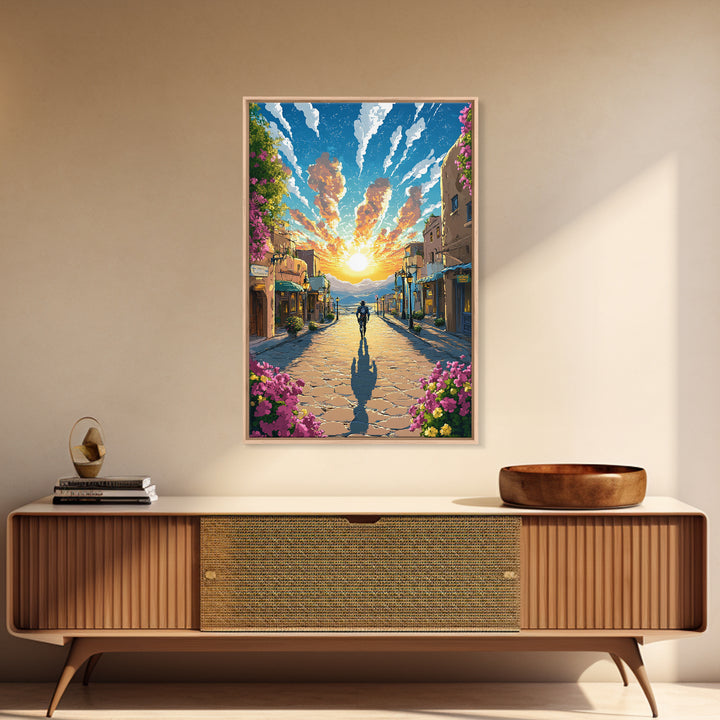 Golden Sunrise Cobblestone Village Wall Art, Mediterranean Landscape Print, Travel Poster, Warm Entryway Home Decor, Living Room Decor