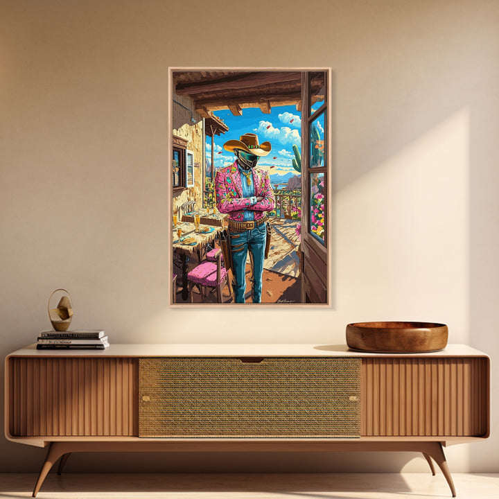 Floral Jacket Cyber Cowboy Portrait Wall Art, Futuristic Western Canvas Print, Desert Fashion Poster, Bold Maximalist Decor