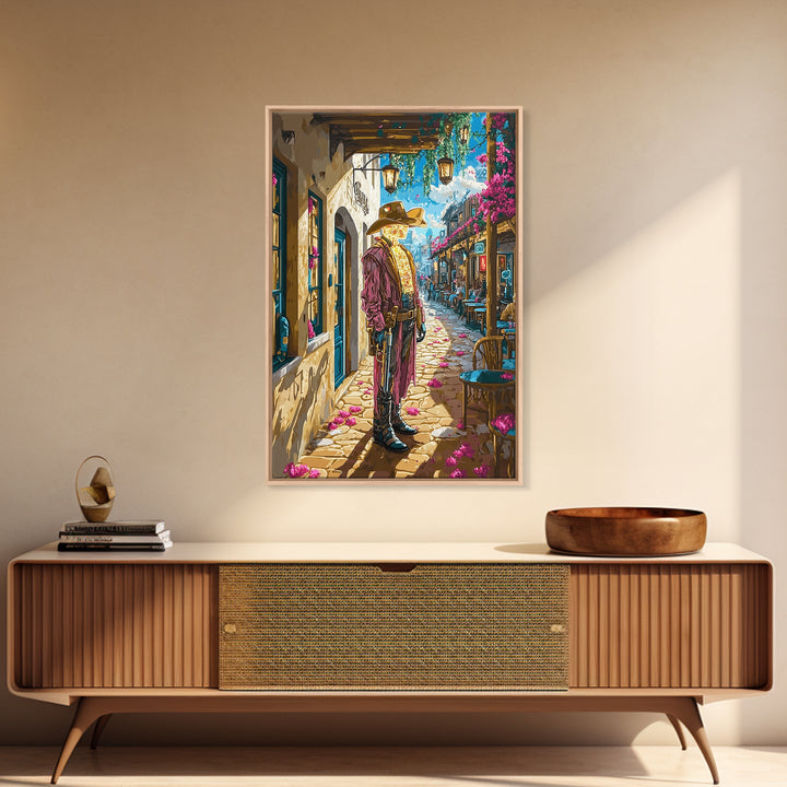 Cyber Western Cowboy In Sunlit Old Town Wall Art, Southwestern Travel Poster, Futuristic Canvas Print, Eclectic Home Decor