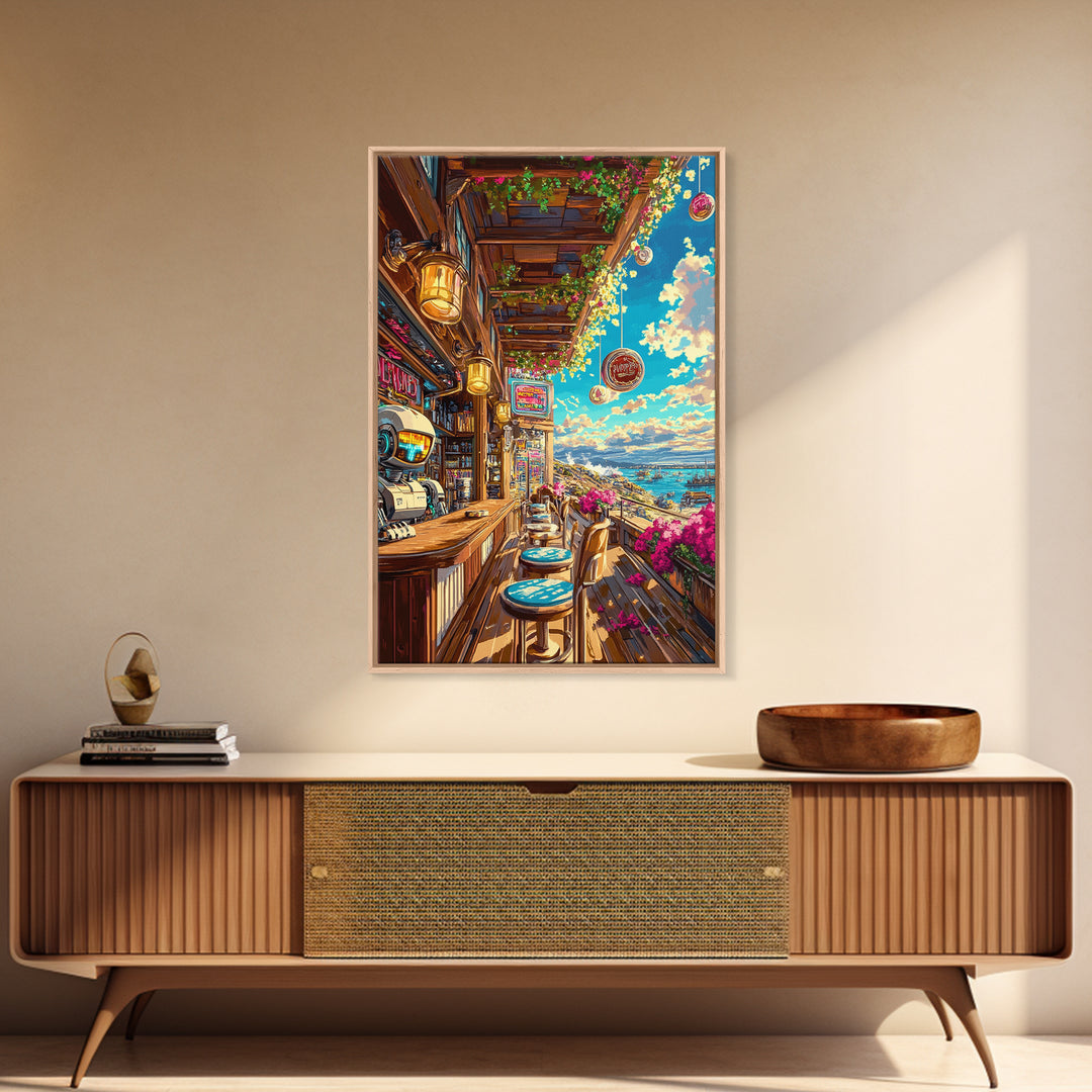 Seaside Sci Fi Cafe Balcony At Golden Hour Framed Canvas Print, Coastal Wall Art, Travel Poster, Living Room Ocean View Home Decor