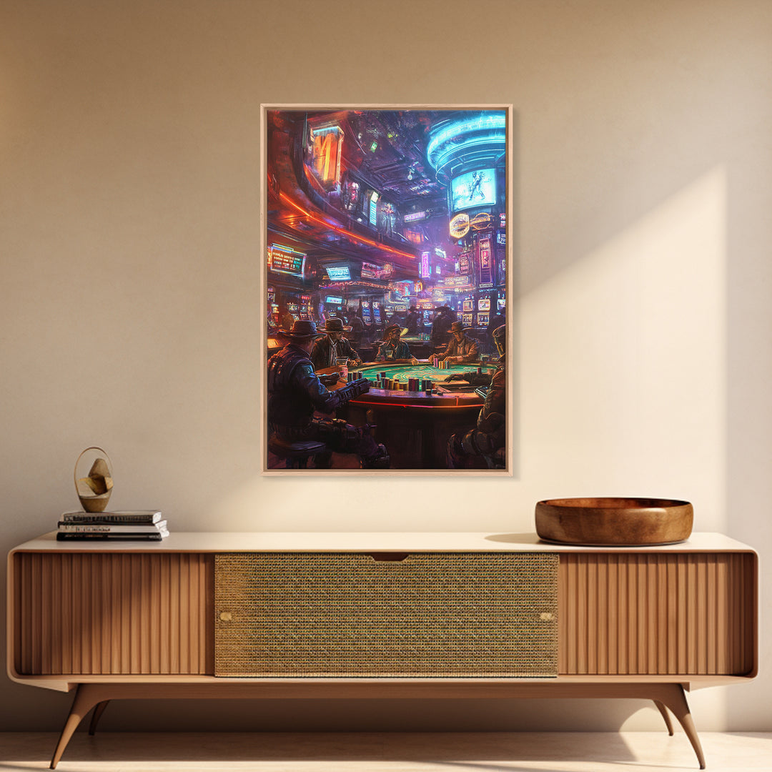 Neon Cyberpunk Poker Room With Outlaws Canvas Print, Futuristic Wall Art, Casino Poster, Man Cave And Game Room Decor For Him Gift