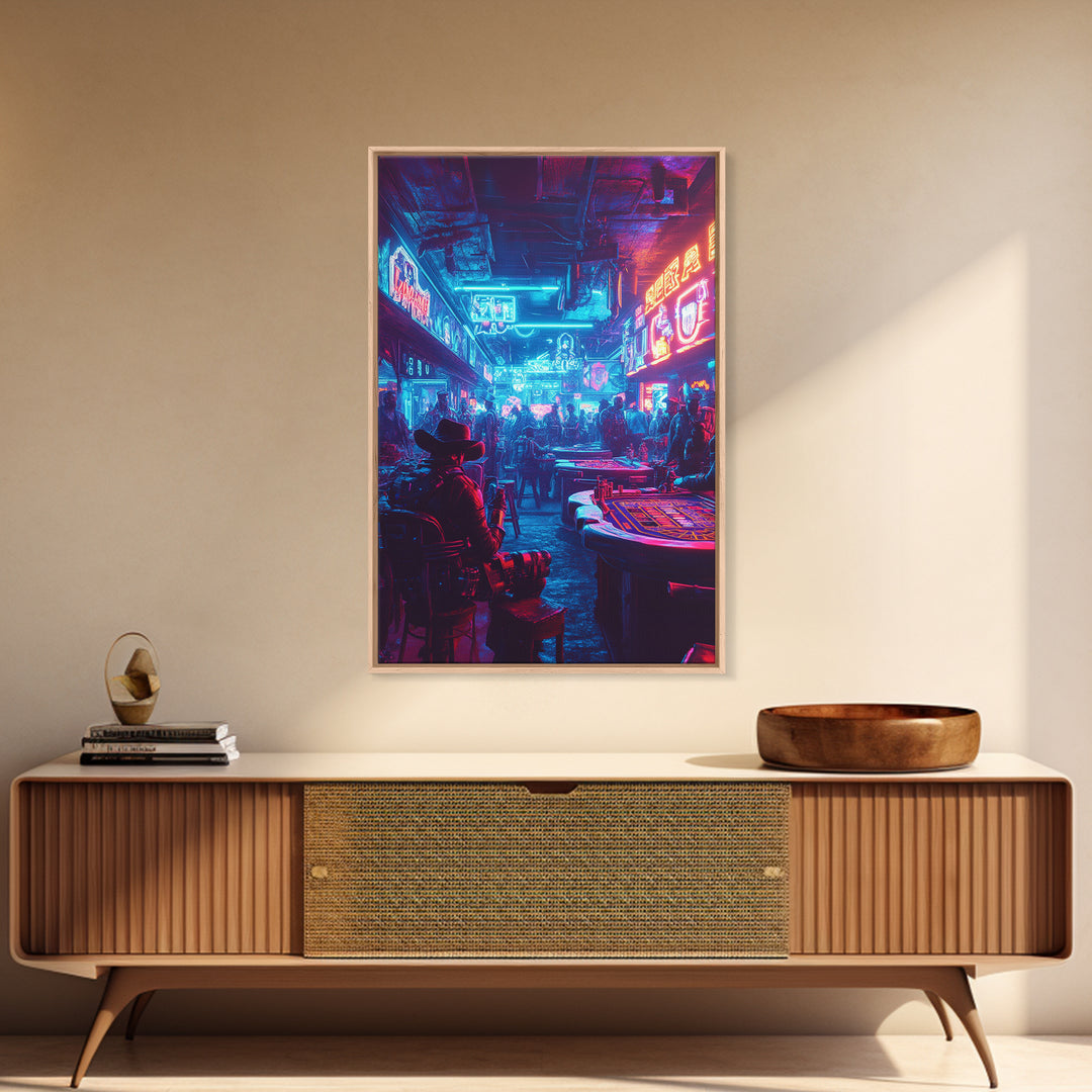 Blue Pink Neon Western Casino Bar Wall Art, Cyberpunk Poster, Futuristic Gaming Room Decor, Man Cave Gift For Him, Trendy Sci Fi Home Decor