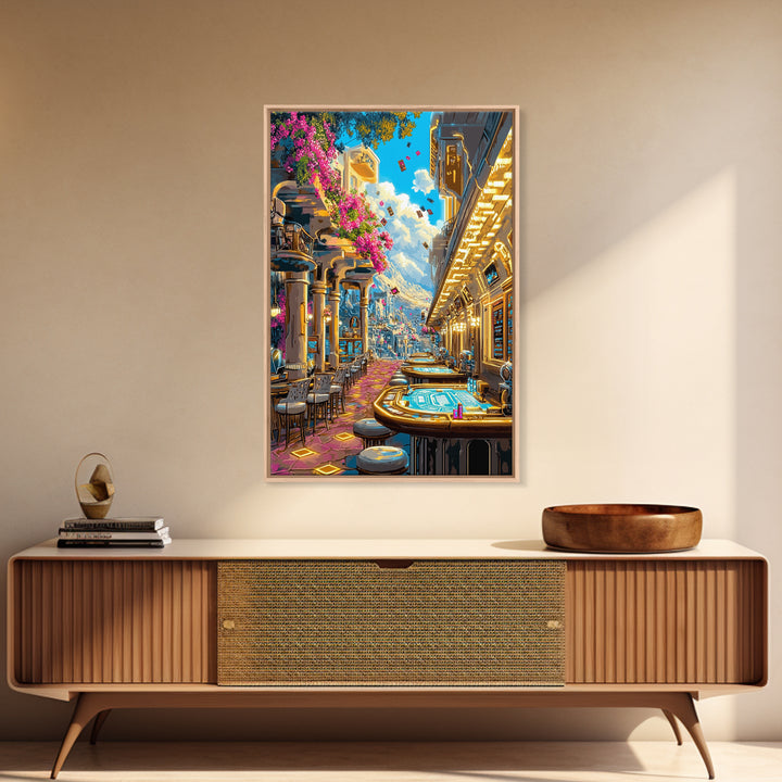 Futuristic Flower Lined Casino Street Canvas Print, Colorful Wall Art, Sci Fi City Travel Poster, Modern Living Room Decor