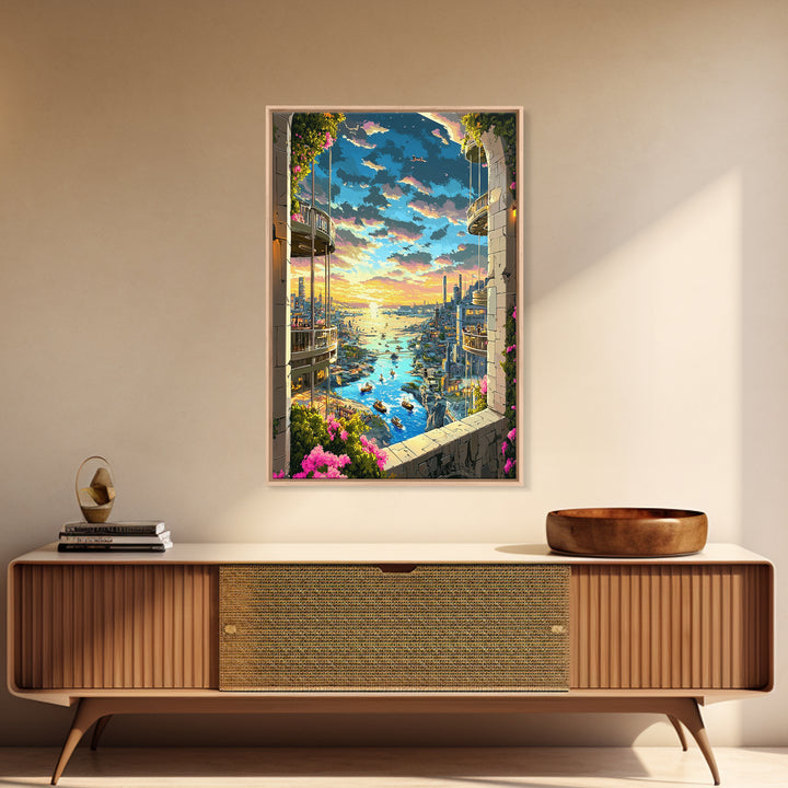 Sunset Harbor City View Between Balconies Framed Canvas Print, Coastal Wall Art, Fantasy Landscape, Above Bed Decor, Living Room Decor