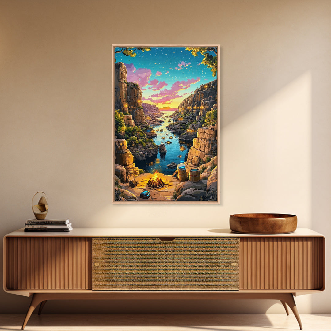 Starry Canyon River Camp At Sunset Canvas Print, Fantasy Wall Art, Adventure Landscape, Rustic Cabin And Game Room Decor