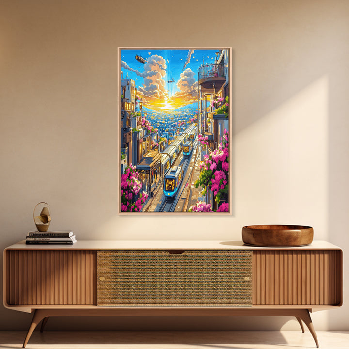 Sunset City Train Tracks With Flower Balconies Canvas Print, Futuristic Wall Art, Urban Travel Poster, Modern Home Decor