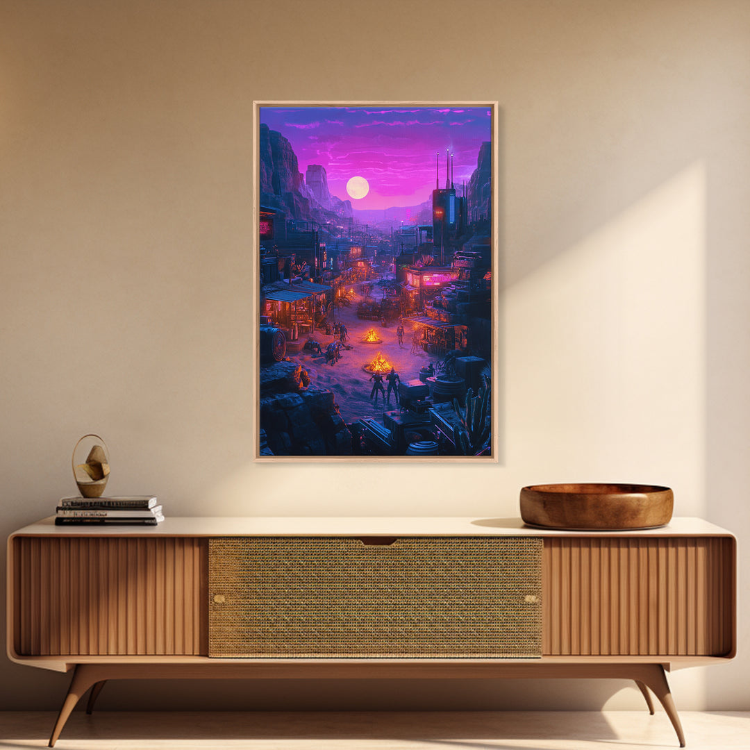 Purple Moon Cyberpunk Desert Settlement Wall Art, Sci Fi Western Poster, Dystopian Landscape, Gaming Room Decor Gift For Him