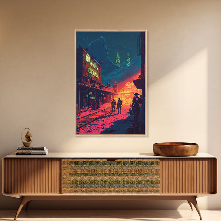 Neon Frontier Street With Cowboys Canvas Print, Cyberpunk Western Wall Art, Sci Fi Poster, Man Cave Gaming Room Decor Gift For Him