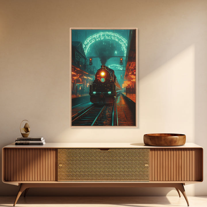 Steampunk Train Station Framed Canvas Print, Futuristic Wall Art, Sci Fi Decor, Industrial Travel Poster For Office Decor
