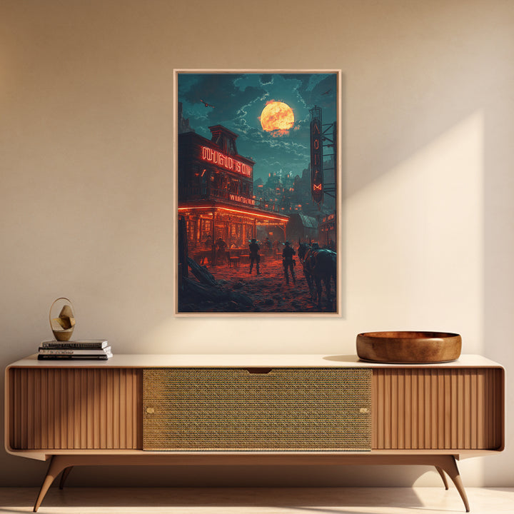 Dark Western Saloon Moon Wall Art, Moody Cowboy Canvas Print, Gothic Rustic Decor, Southwestern Poster For Man Cave Living Room Decor