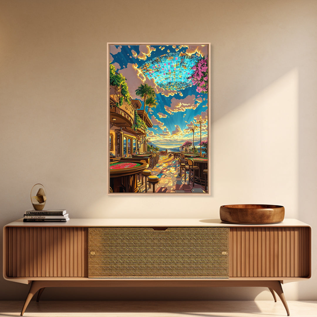 Coastal Casino Terrace UFO Canvas Print, Futuristic Travel Poster, Vibrant Coastal Wall Art, Maximalist Home Decor For Living Room