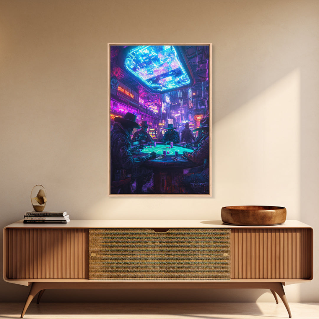 Cyberpunk Western Poker Game Wall Art, Neon Cowboy Canvas Print, Sci Fi Saloon Decor, Futuristic Man Cave Poster For Gaming Room Decor