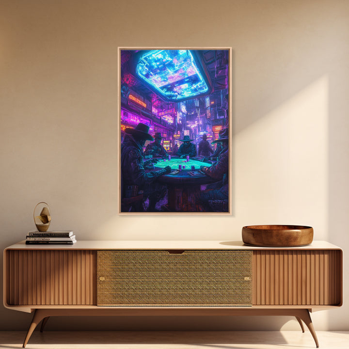 Cyberpunk Western Poker Game Wall Art, Neon Cowboy Canvas Print, Sci Fi Saloon Decor, Futuristic Man Cave Poster For Gaming Room Decor