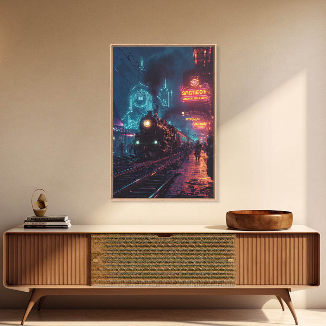 Neon Cyberpunk Steam Train Station Canvas Print, Futuristic Cityscape Wall Art, Sci Fi Decor, Gamer Room, Gift For Him, Modern Home Decor