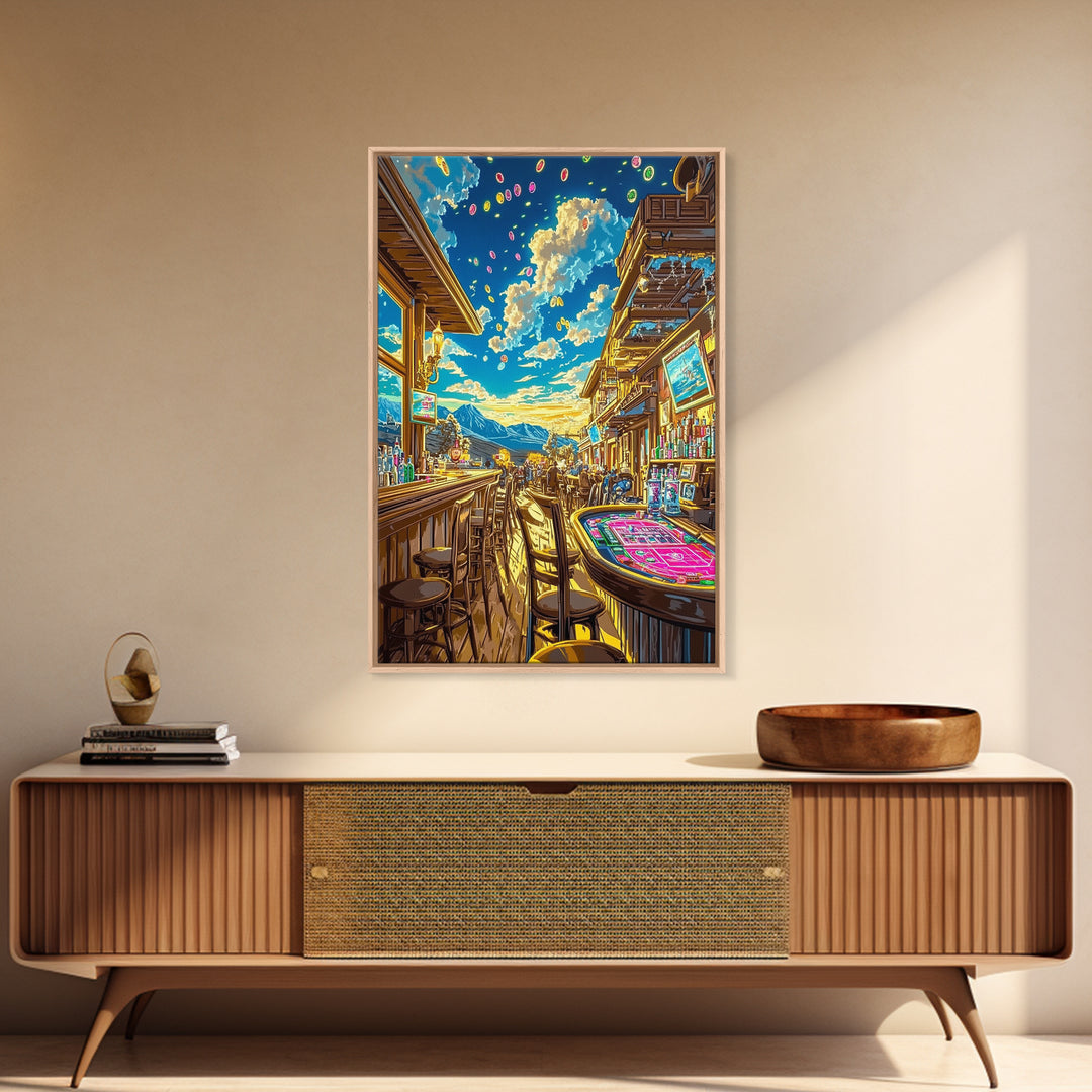 Sunlit Mountain Casino Bar Canvas Print, Colorful Western Wall Art, Game Room Decor, Man Cave Poster, Housewarming Gift Idea