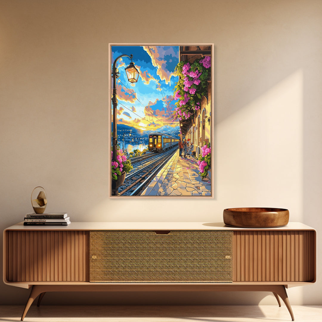 Coastal Sunset Train By Flowered Balcony Canvas Print, Mediterranean Wall Art, Travel Poster, Living Room Decor, Gift For Her