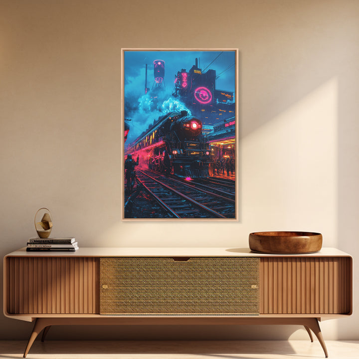 Neon Dystopian Steam Train Canvas Print, Cyberpunk City Wall Art, Futuristic Decor, Sci Fi Poster, Gaming Room Gift For Him