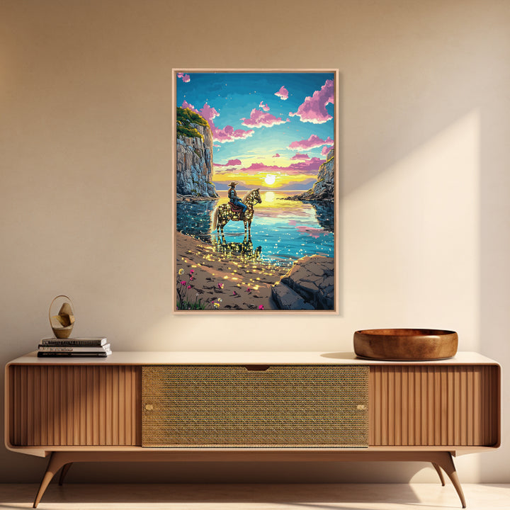 Glowing Cowgirl Horse On Sunset Cove Canvas Print, Western Wall Art, Coastal Decor, Romantic Bedroom Art, Unique Gift For Her