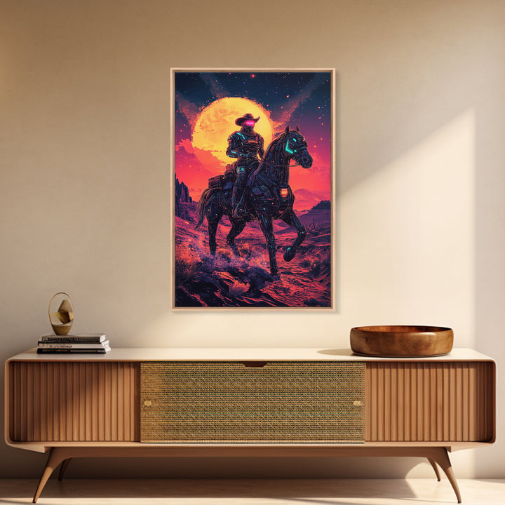 Cyberpunk Cowboy On Robotic Horse Canvas Print, Neon Western Wall Art, Futuristic Desert Decor, Sci Fi Poster, Gift For Him