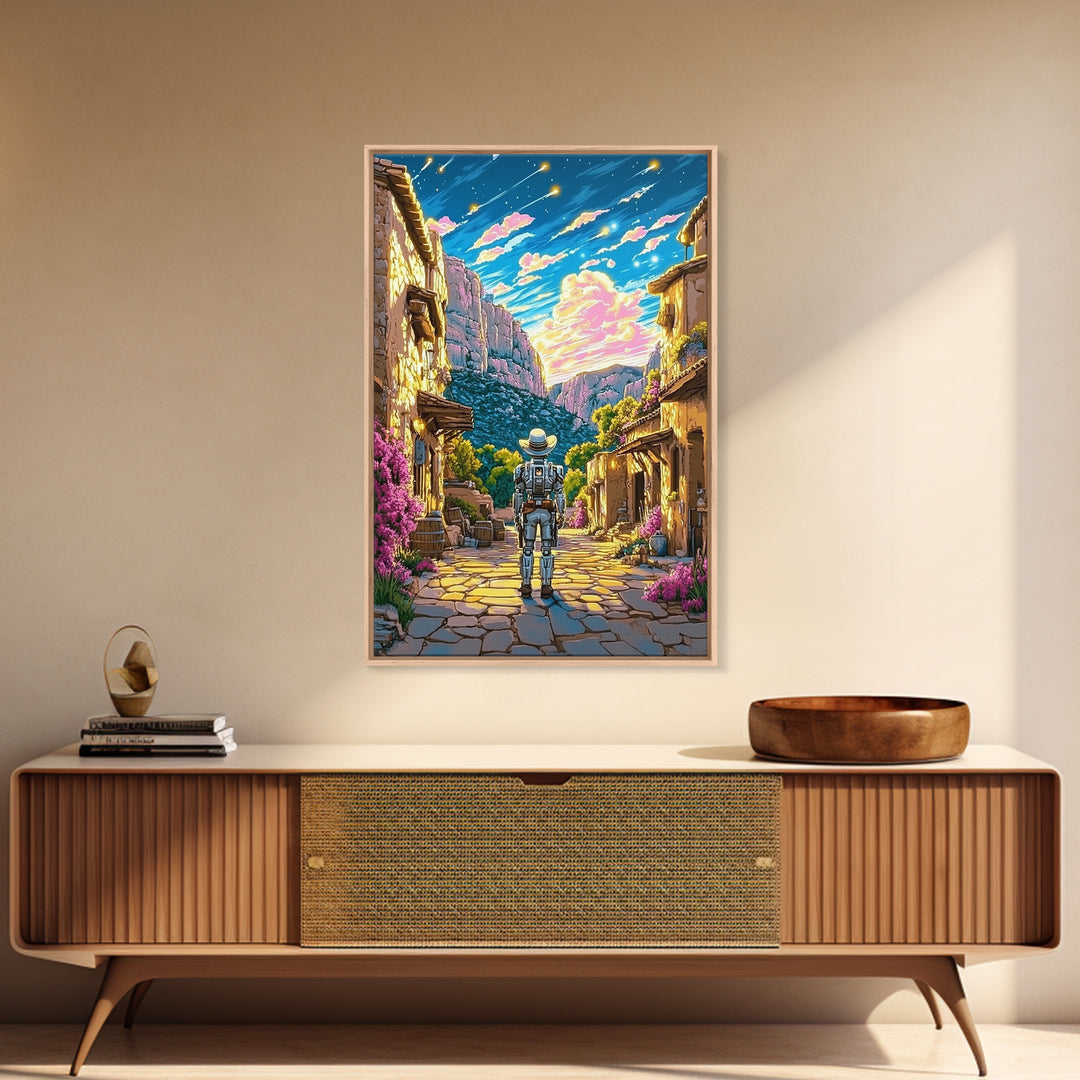 Astronaut In Canyon Village Under Meteors Canvas Print, Futuristic Wall Art, Space Decor, Sci Fi Poster, Gamer Room Decor, Gift For Him
