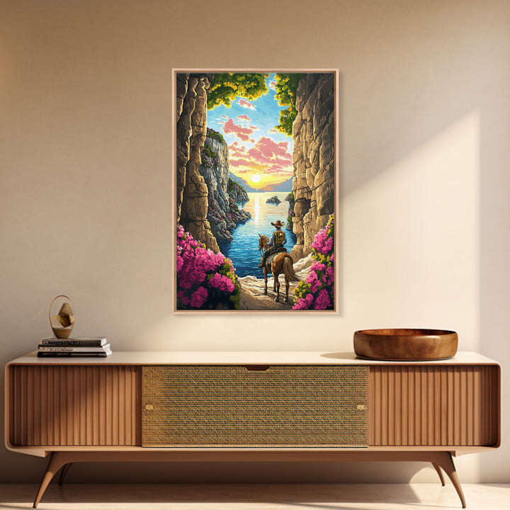 Cowboy Horseback Coastal Canyon Sunset Wall Art, Western Landscape Canvas, Adventure Decor, Ocean Cliff Art Print, Living Room Decor