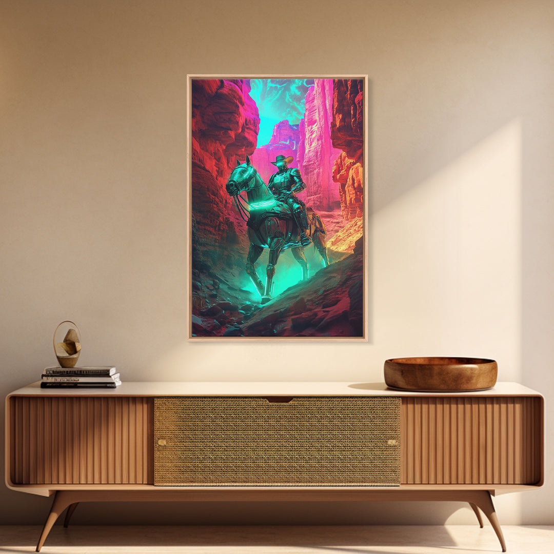 Neon Robot Cowboy In Red Desert Canyon Canvas Print, Cyberpunk Western Wall Decor, Futuristic Sci Fi Gaming Room Wall Decor