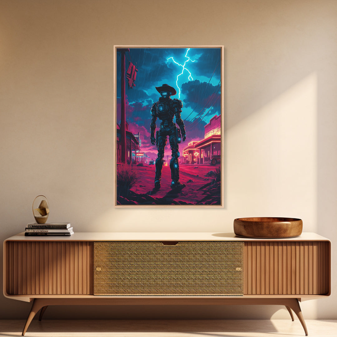 Robot Cowboy In Neon Storm Western Town Wall Art, Cyberpunk Sci Fi Poster, Futuristic Gaming Room Decor, Man Cave Gift For Him