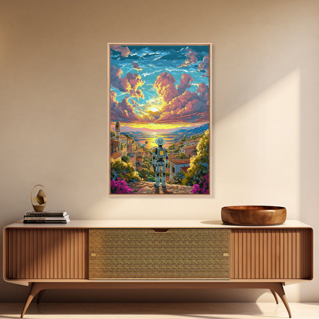 Robot Traveler Above Coastal Village Sunset Framed Canvas Print, Mediterranean Wall Art, Modern Landscape Decor, Living Room Art